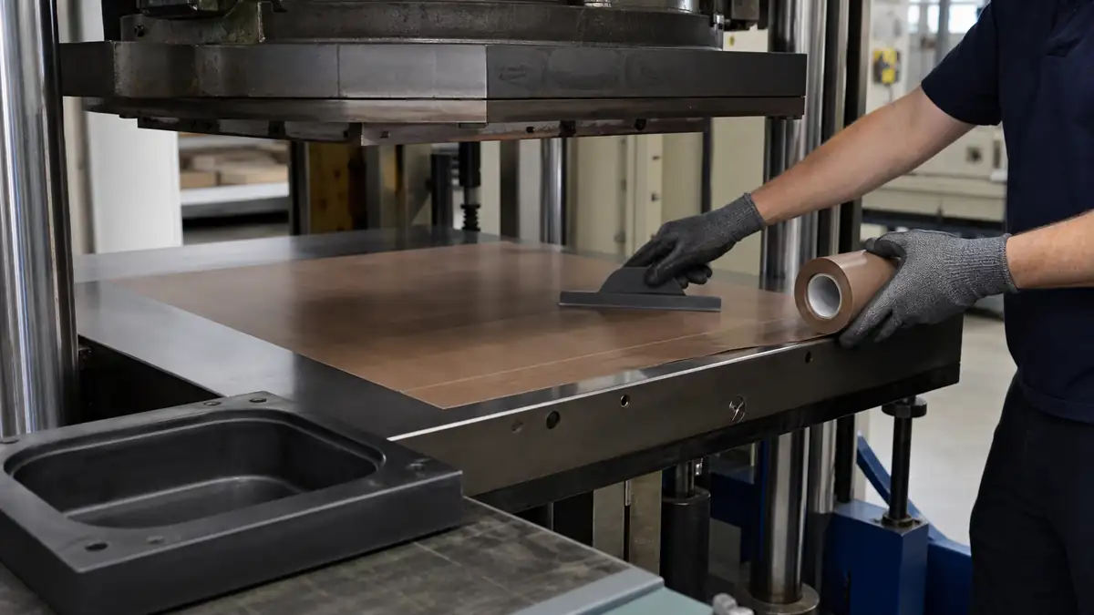 Maintenance technician smoothing brown PTFE-coated fiberglass tape across the lower platen of an open rubber vulcanizing press